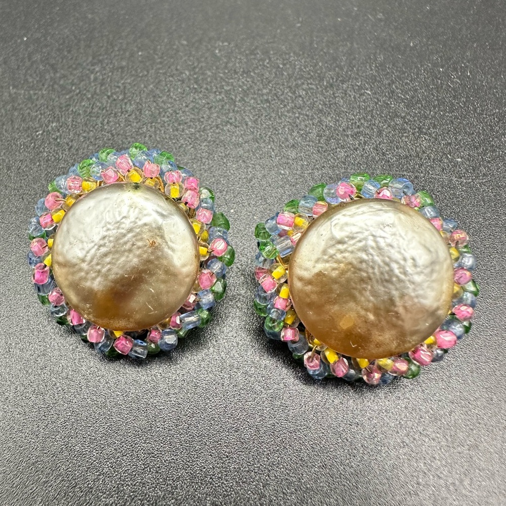 Vintage Miriam Haskell Baroque Pearl And Rainbow Bead Gold Tone Clip Earrings